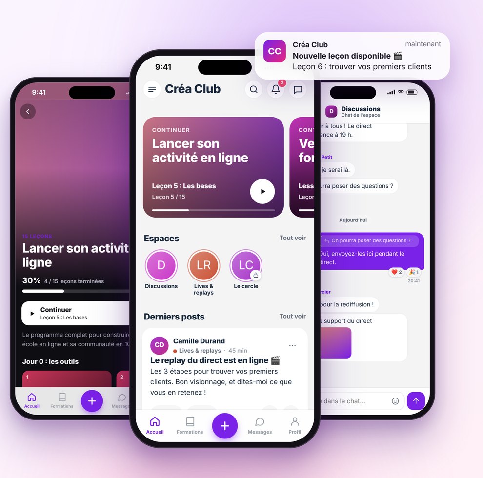 L’app FC Pulse d’une communauté Fluent Community sur trois téléphones