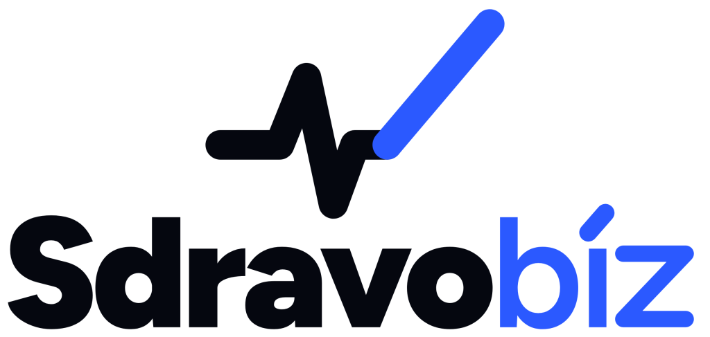 Logo Sdravobiz, symbole du pouls en bleu et encre.