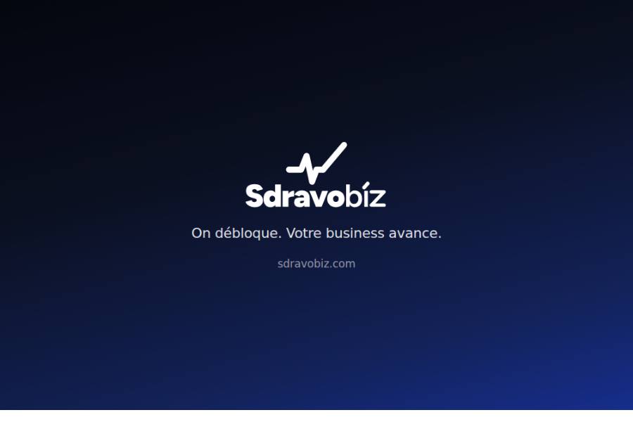 Sdravobiz logo with tagline on a dark blue gradient background.