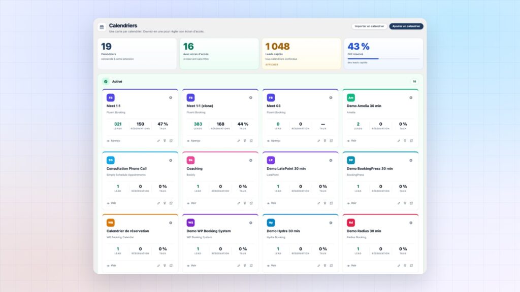Les calendriers branchés à Booking Leads : Fluent Booking, Amelia, Bookly, LatePoint, BookingPress et d’autres