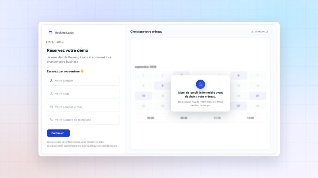 L’écran d’accès Booking Leads : le visiteur laisse son nom et son e-mail, le calendrier s’ouvre ensuite