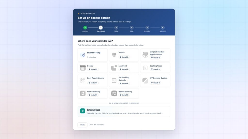 The Booking Leads setup assistant: pick the calendar you already use, from Fluent Booking to Calendly