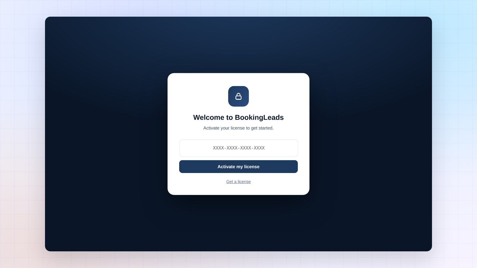Booking Leads welcome screen: license key field and “Activate my license” button