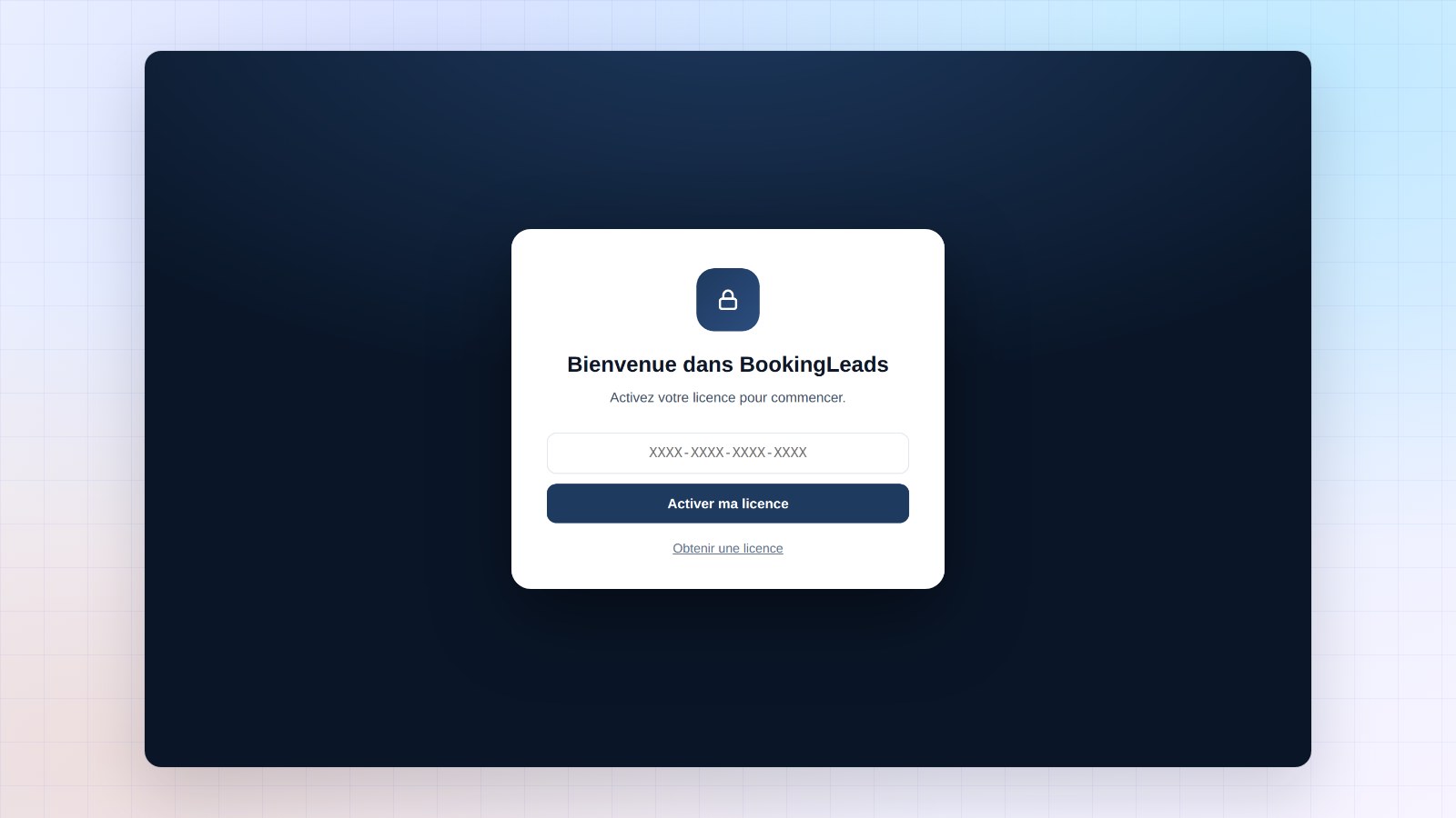 Écran de bienvenue de Booking Leads : champ de la clé de licence et bouton « Activer ma licence »