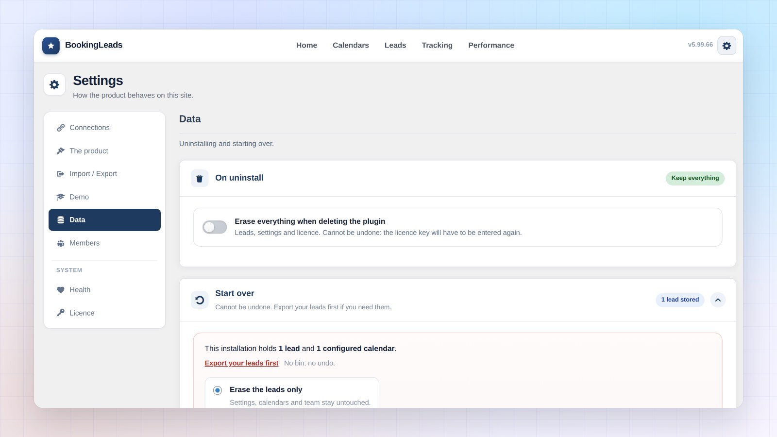 Booking Leads settings, Data section: “On uninstall” card with the “Erase everything when deleting the plugin” switch