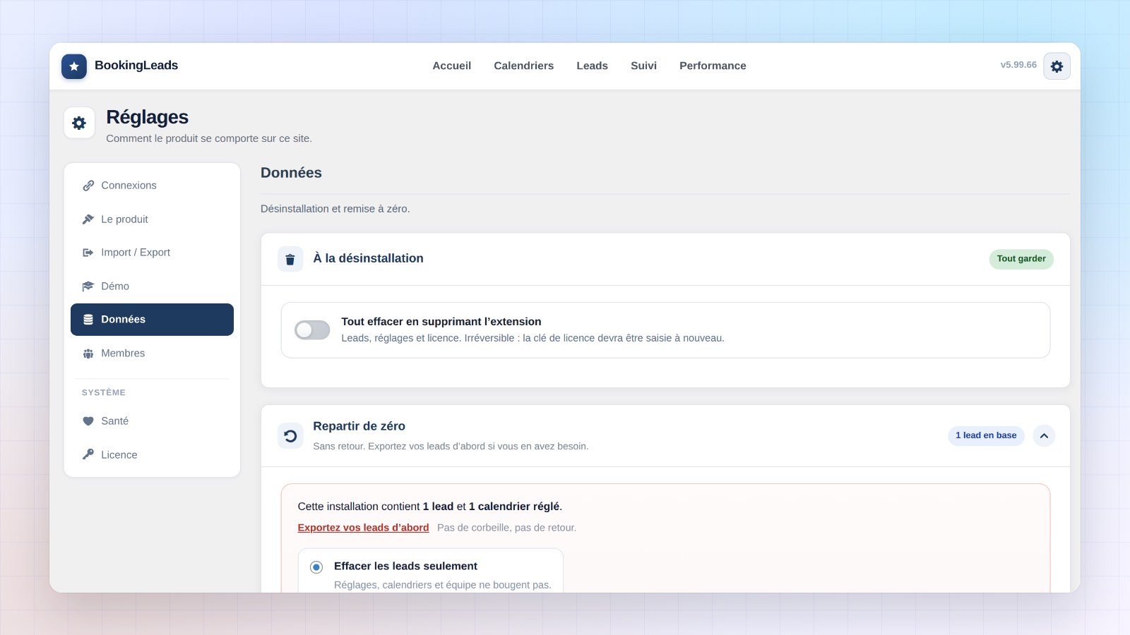 Réglages de Booking Leads, rubrique Données : carte « À la désinstallation » avec l’interrupteur « Tout effacer en supprimant l’extension »