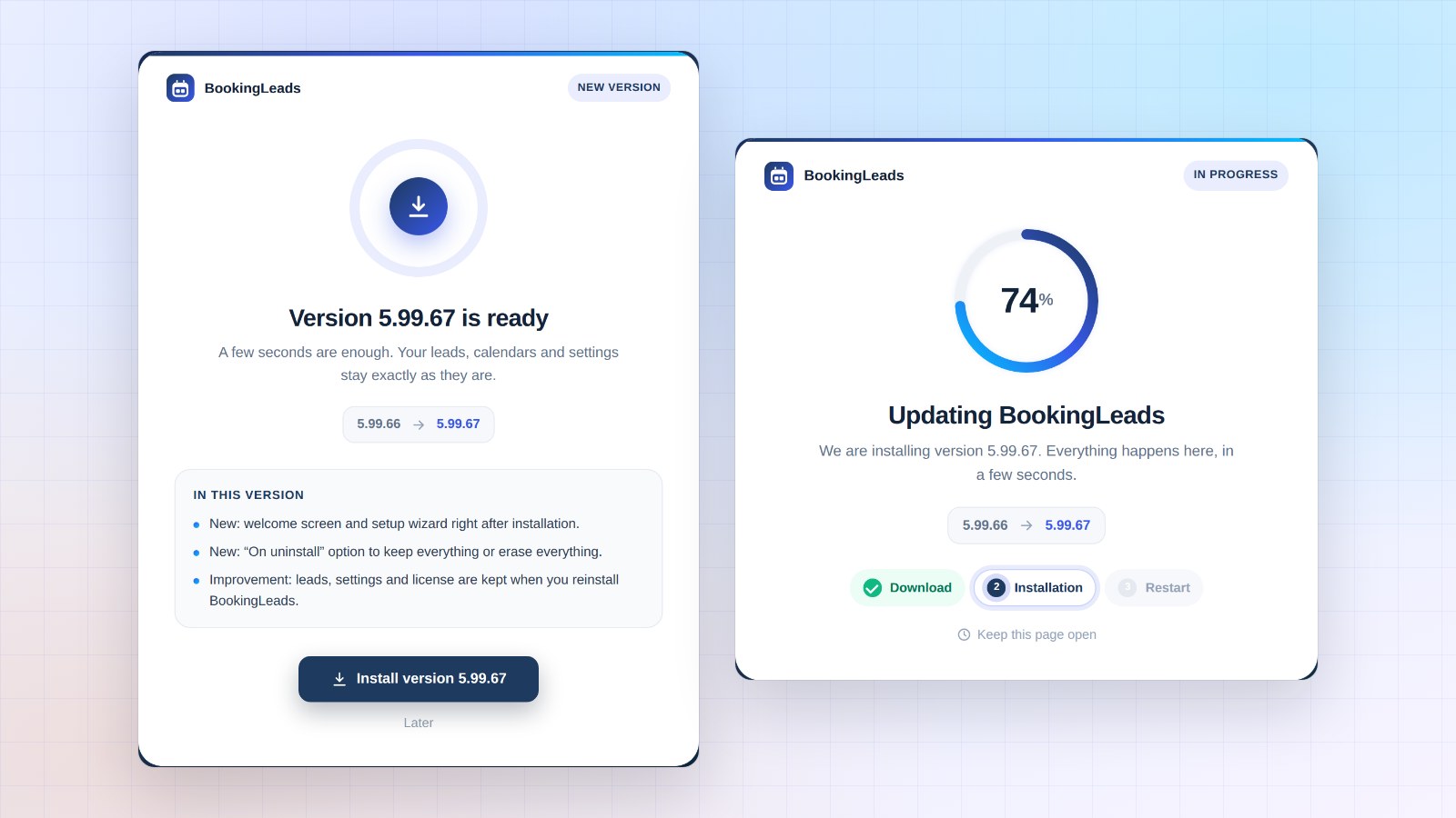 Booking Leads update screen: version 5.99.67 ready with its highlights, then the installation in progress