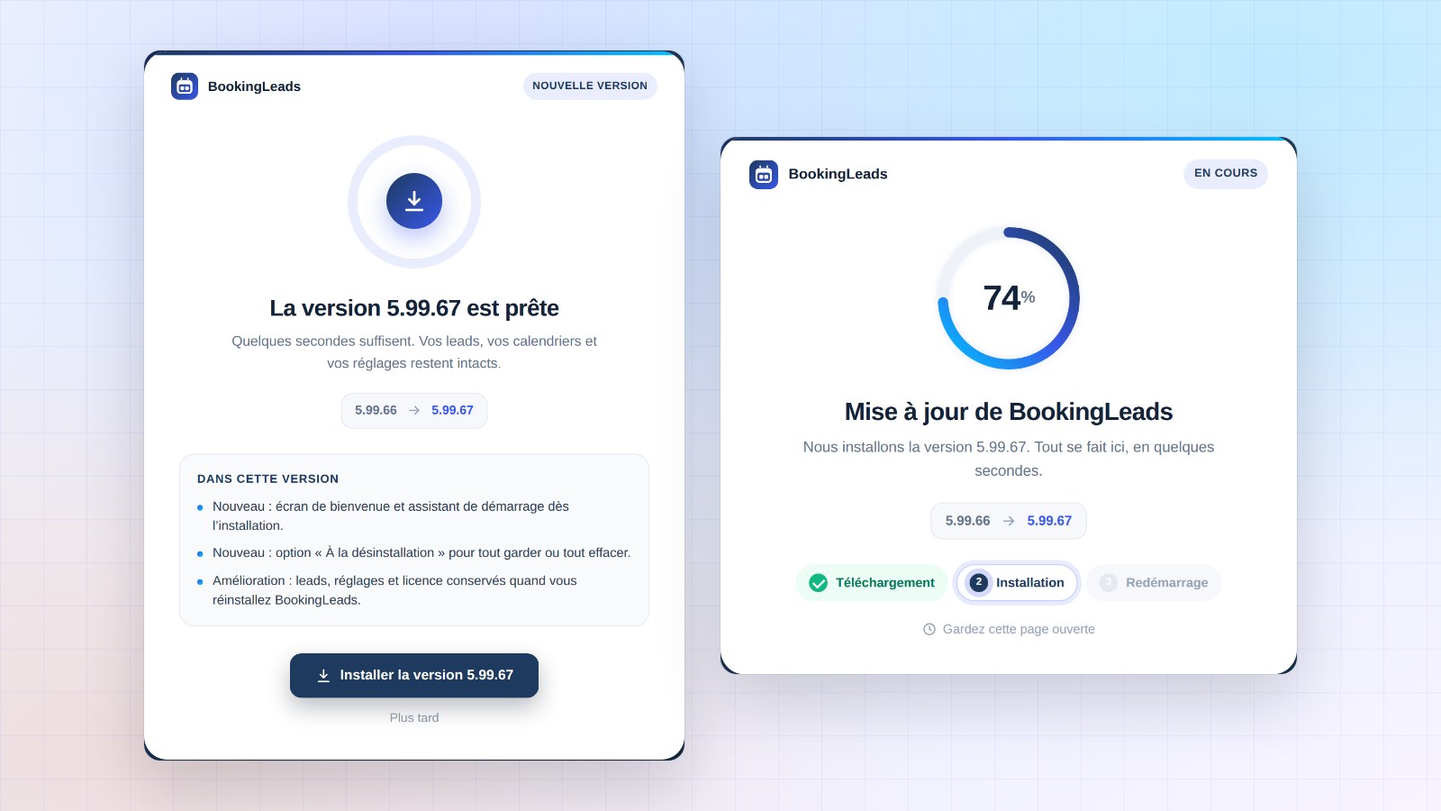Écran de mise à jour de Booking Leads : la version 5.99.67 prête avec ses nouveautés, puis l’installation en cours