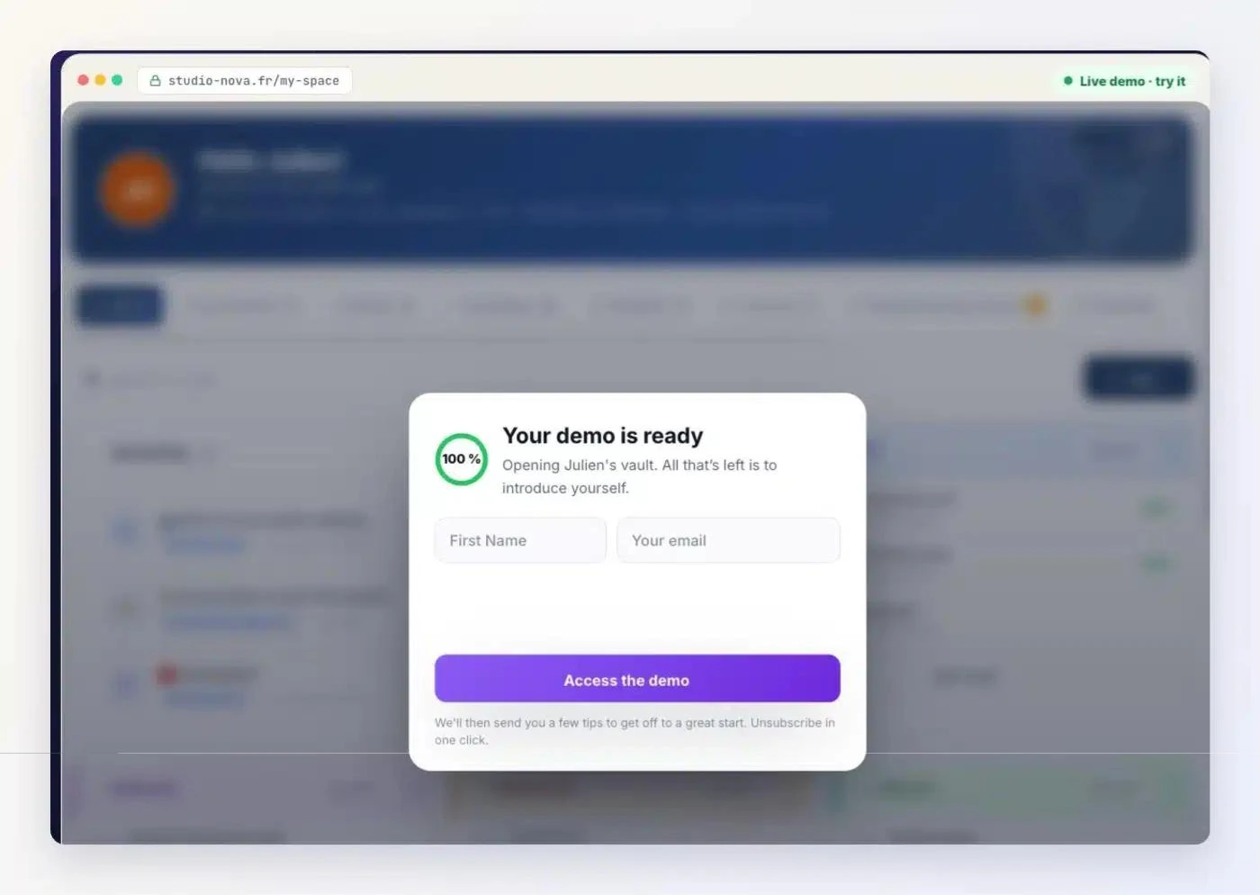 The Client Vault live demo: your first name, your email, and the demo vault opens