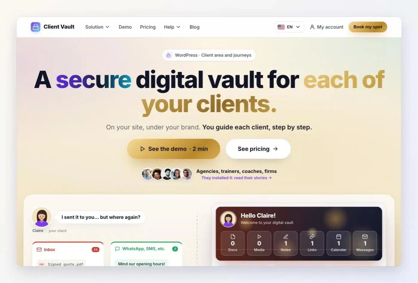 The new clientvault.pro home page: a secure digital vault for each of your clients, on your site and under your brand