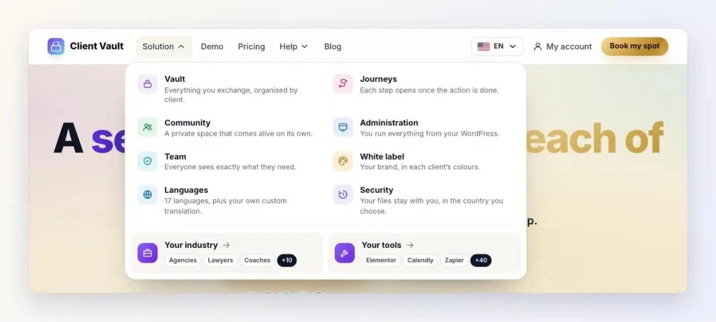 The Solution menu on clientvault.pro: vault, journeys, community, administration, team, white label, languages and security