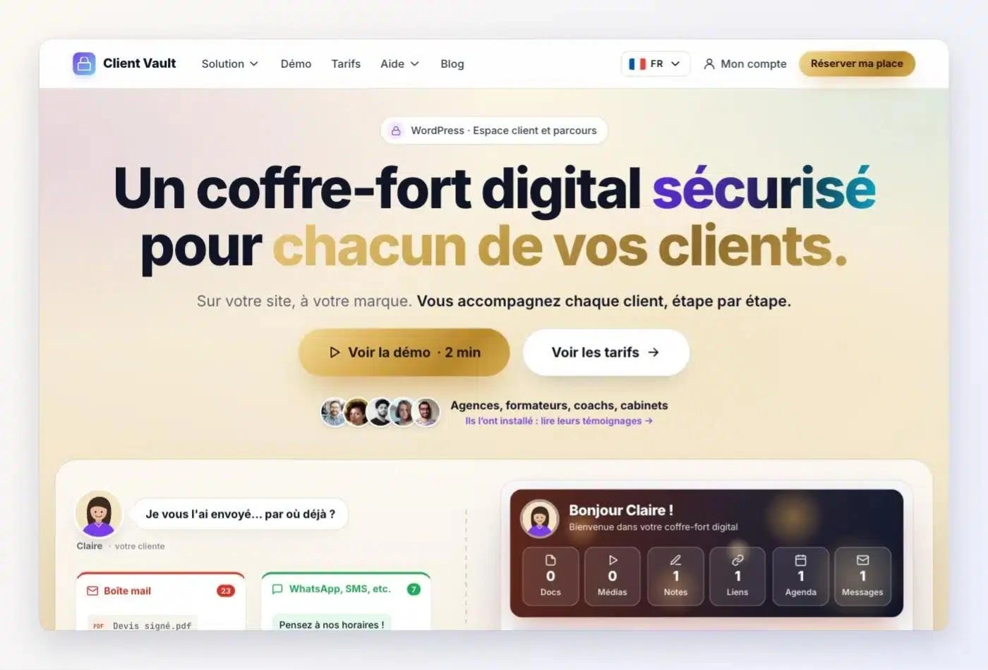 La nouvelle page d’accueil de clientvault.pro : un coffre-fort digital sécurisé pour chacun de vos clients, sur votre site et à votre marque