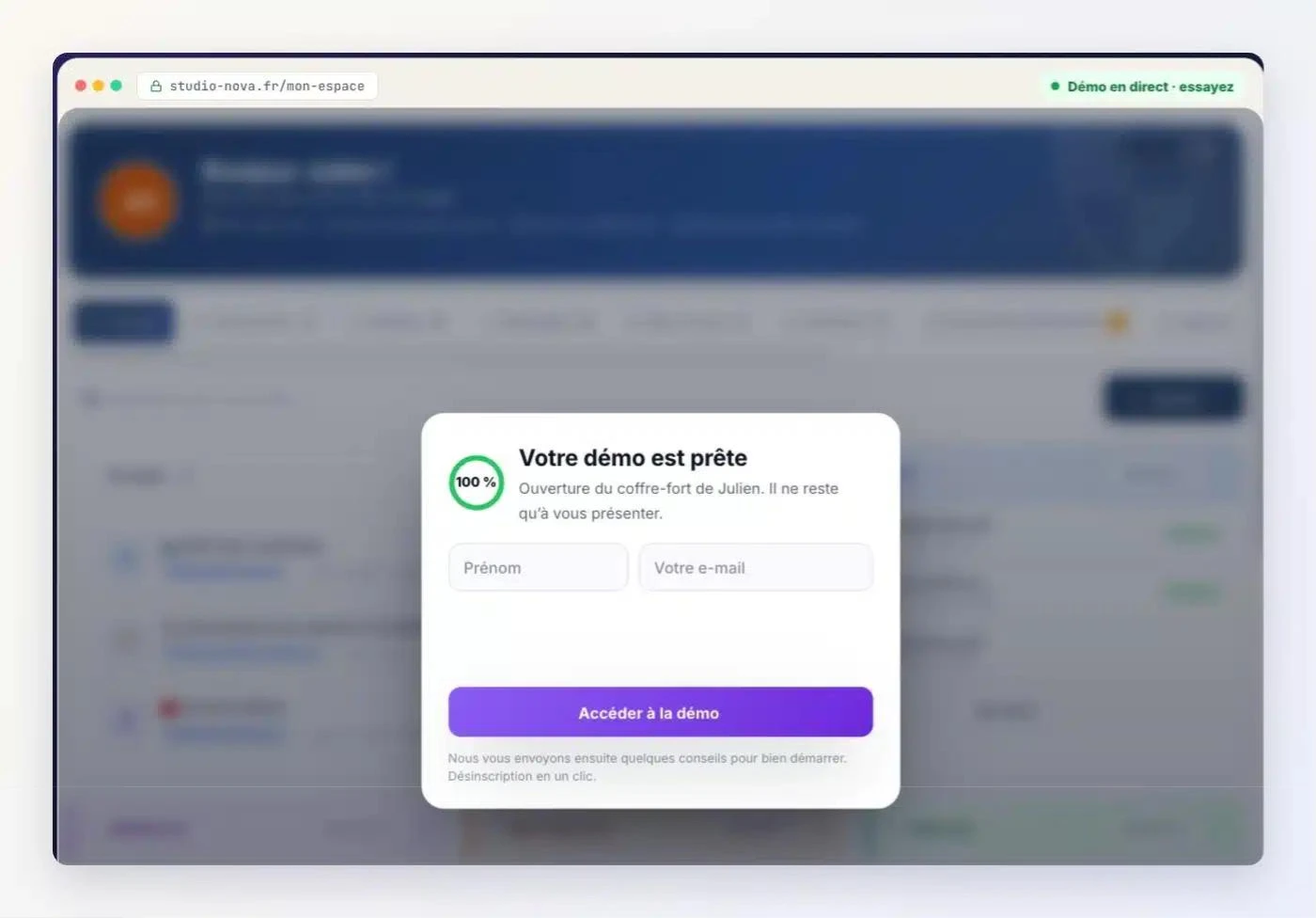 La démo en direct de Client Vault : votre prénom, votre e-mail, et le coffre-fort de démonstration s’ouvre