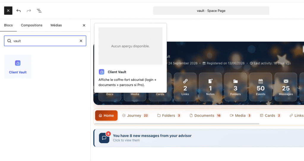 Le bloc Client Vault dans l’éditeur de pages d’espace Fluent Community