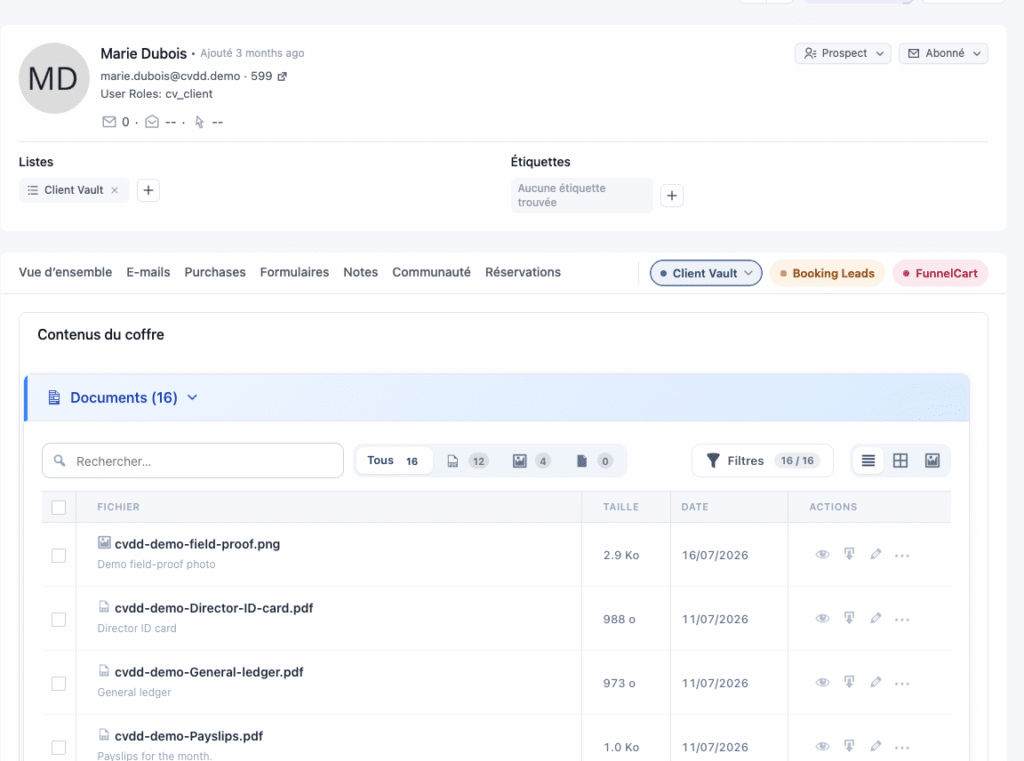 L’onglet Client Vault dans la fiche contact FluentCRM