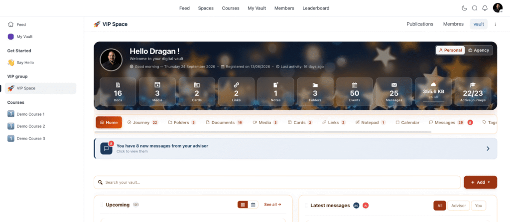 Le coffre Client Vault affiché sur toute la largeur d’une page d’espace Fluent Community
