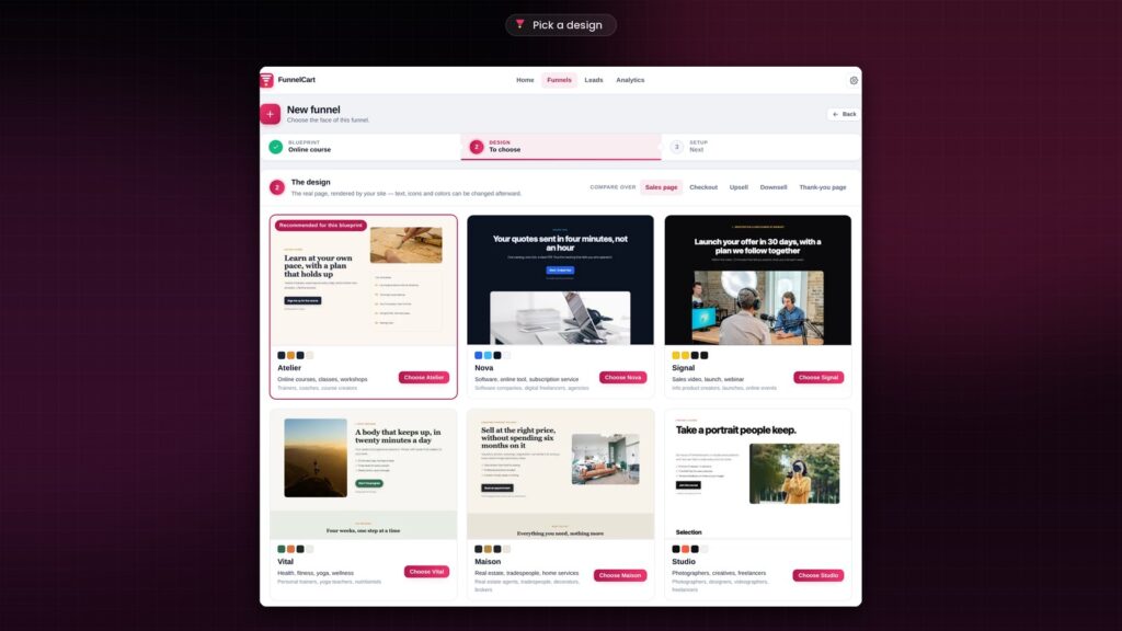 Choosing the design when creating a FunnelCart funnel