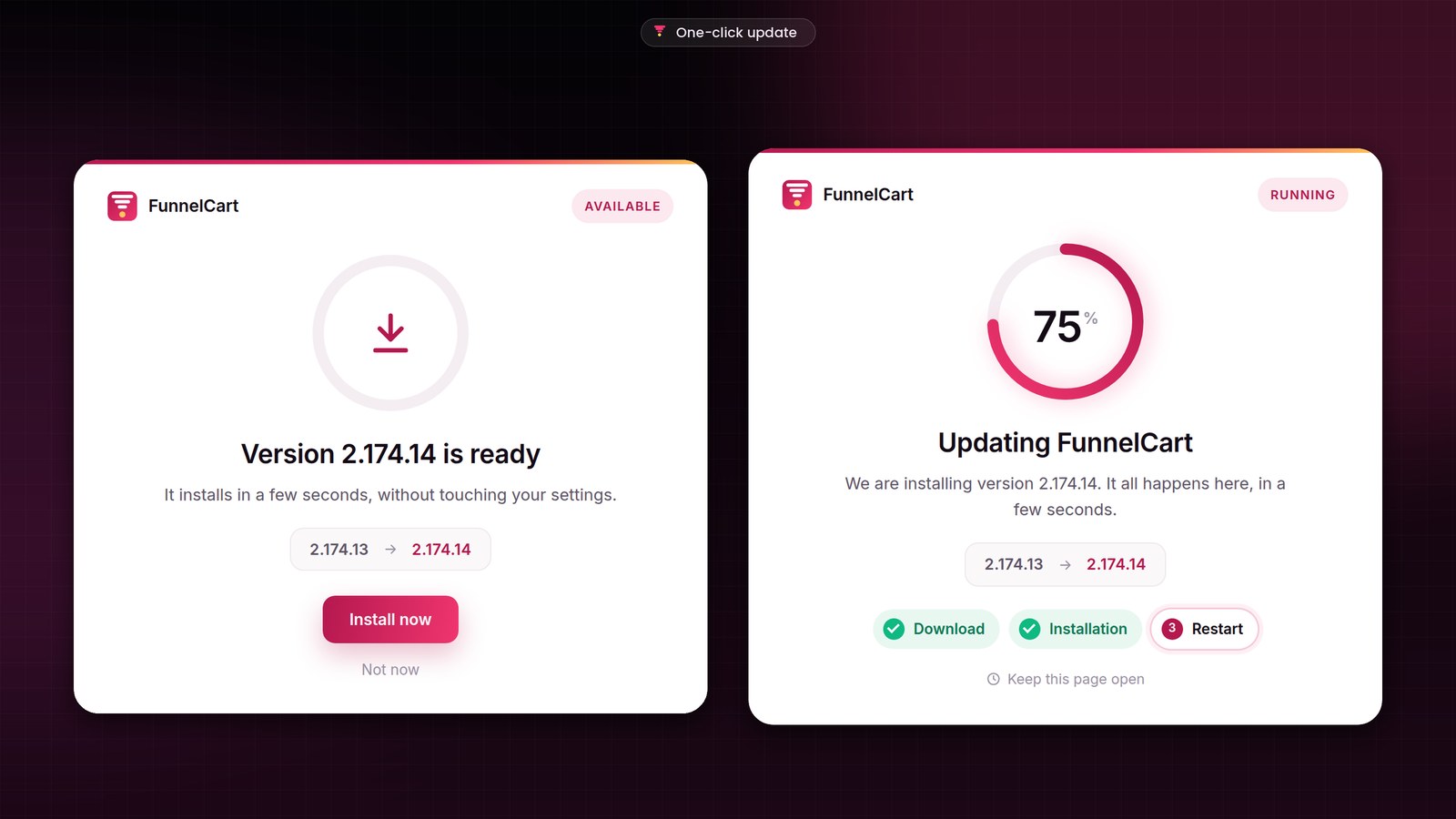 FunnelCart’s update screen: version 2.174.14 ready to install, then the update running with the download, installation and restart steps