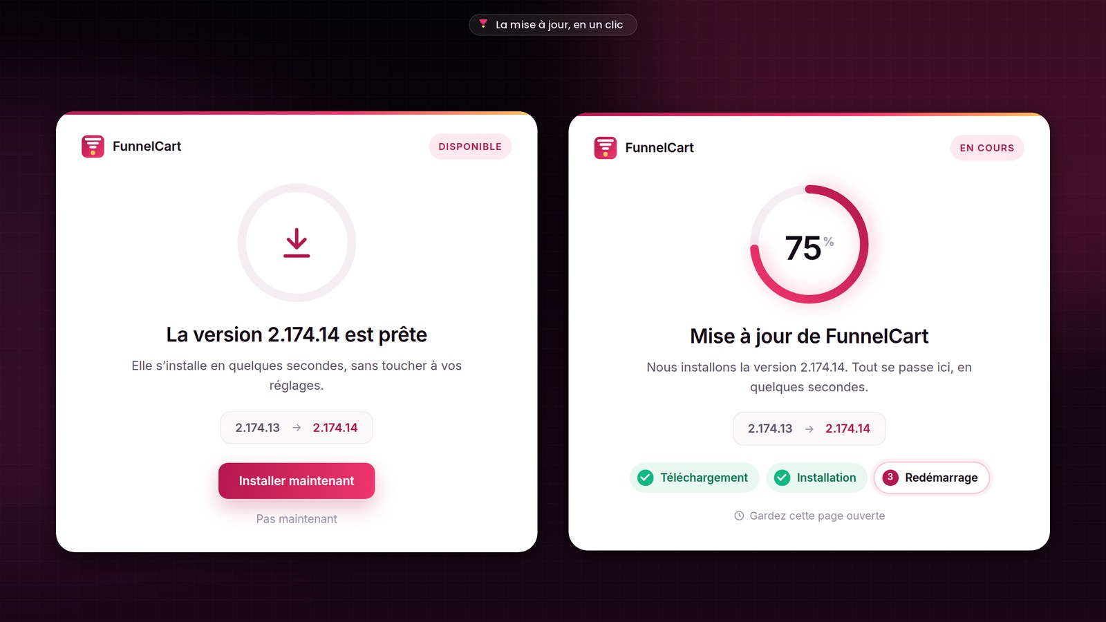 L’écran de mise à jour de FunnelCart : la version 2.174.14 prête à installer, puis l’installation en cours avec les étapes téléchargement, installation et redémarrage