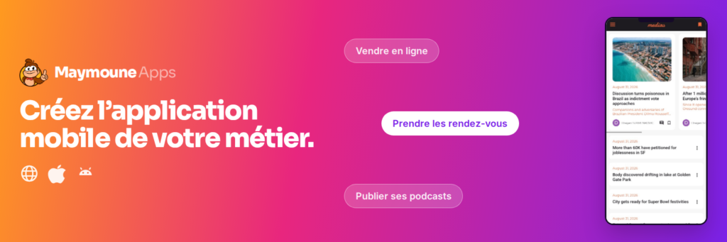 Bannière Maymoune Apps pour créer des applications mobiles personnalisées.