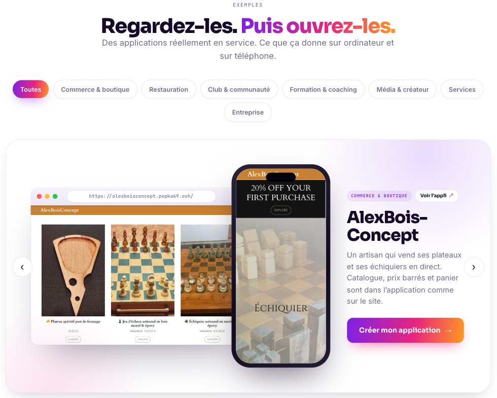 La page Exemples de maymoune.com, avec l’application d’un artisan du bois sur ordinateur et sur téléphone