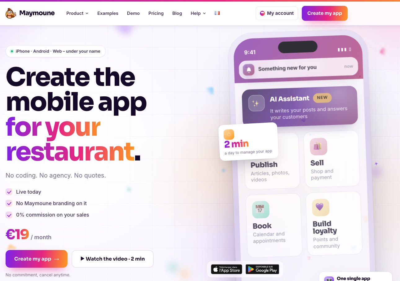 The maymoune.com homepage: Create the mobile app for your restaurant, no coding, no agency, no quotes