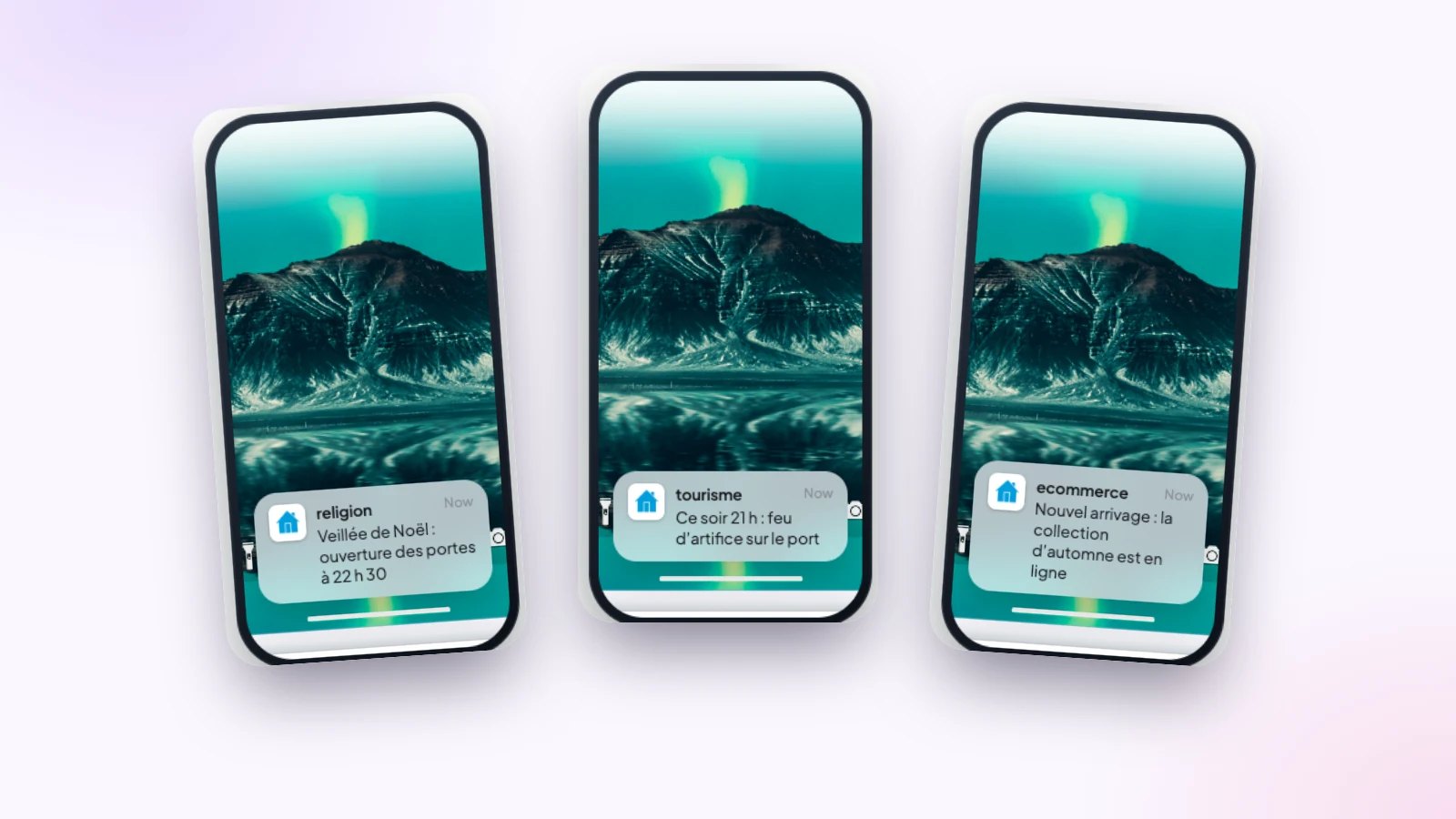 Trois téléphones qui reçoivent la notification d’une paroisse, d’un office de tourisme et d’une boutique