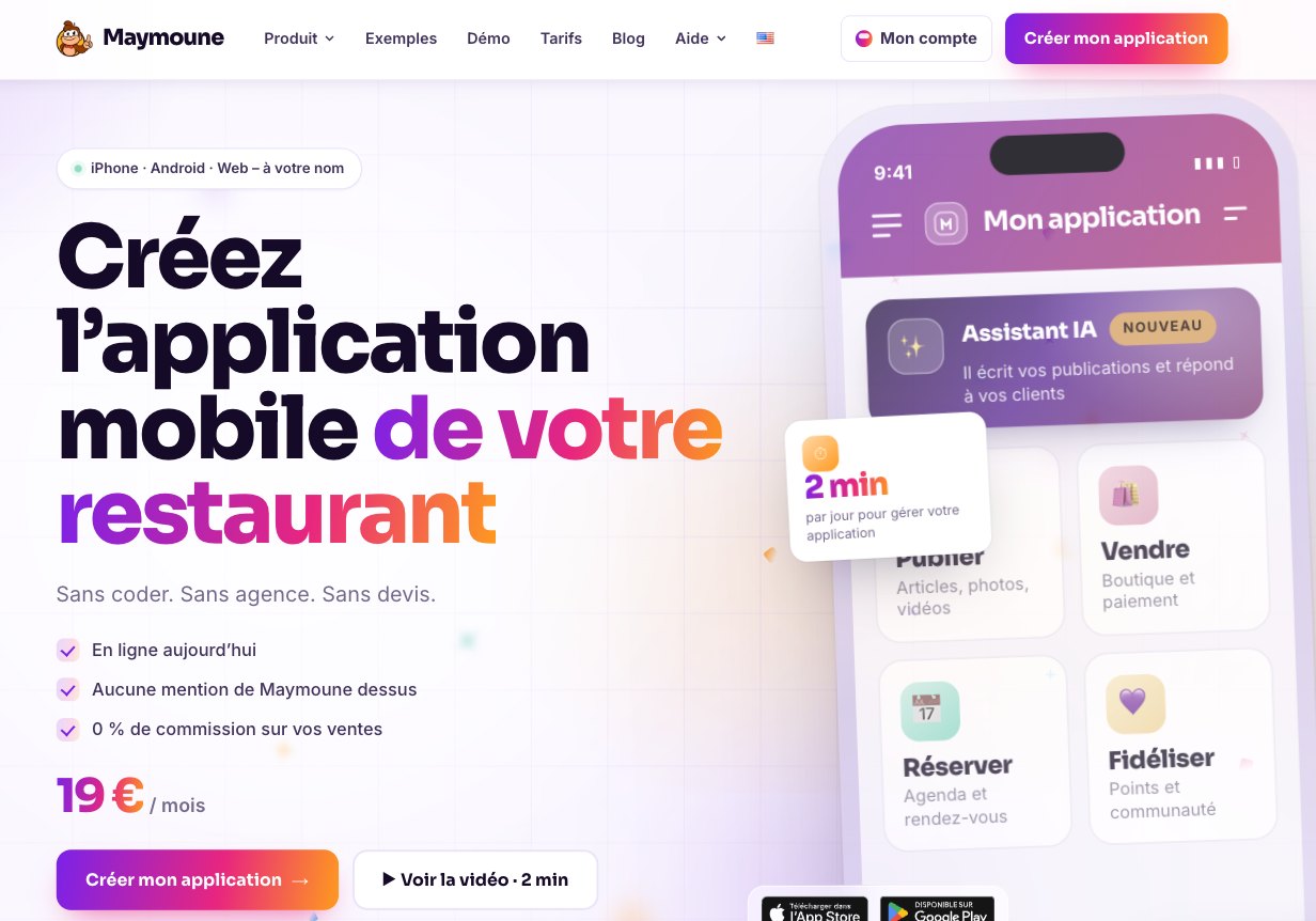 La page d’accueil de maymoune.com : Créez l’application mobile de votre restaurant, sans coder, sans agence, sans devis