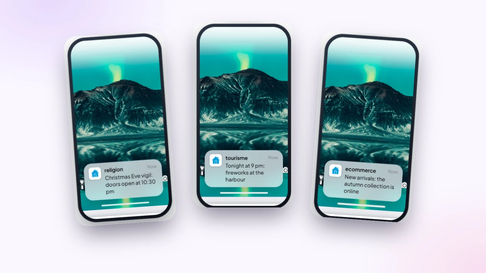 Three phones receiving a notification from a parish, a tourist office and a shop