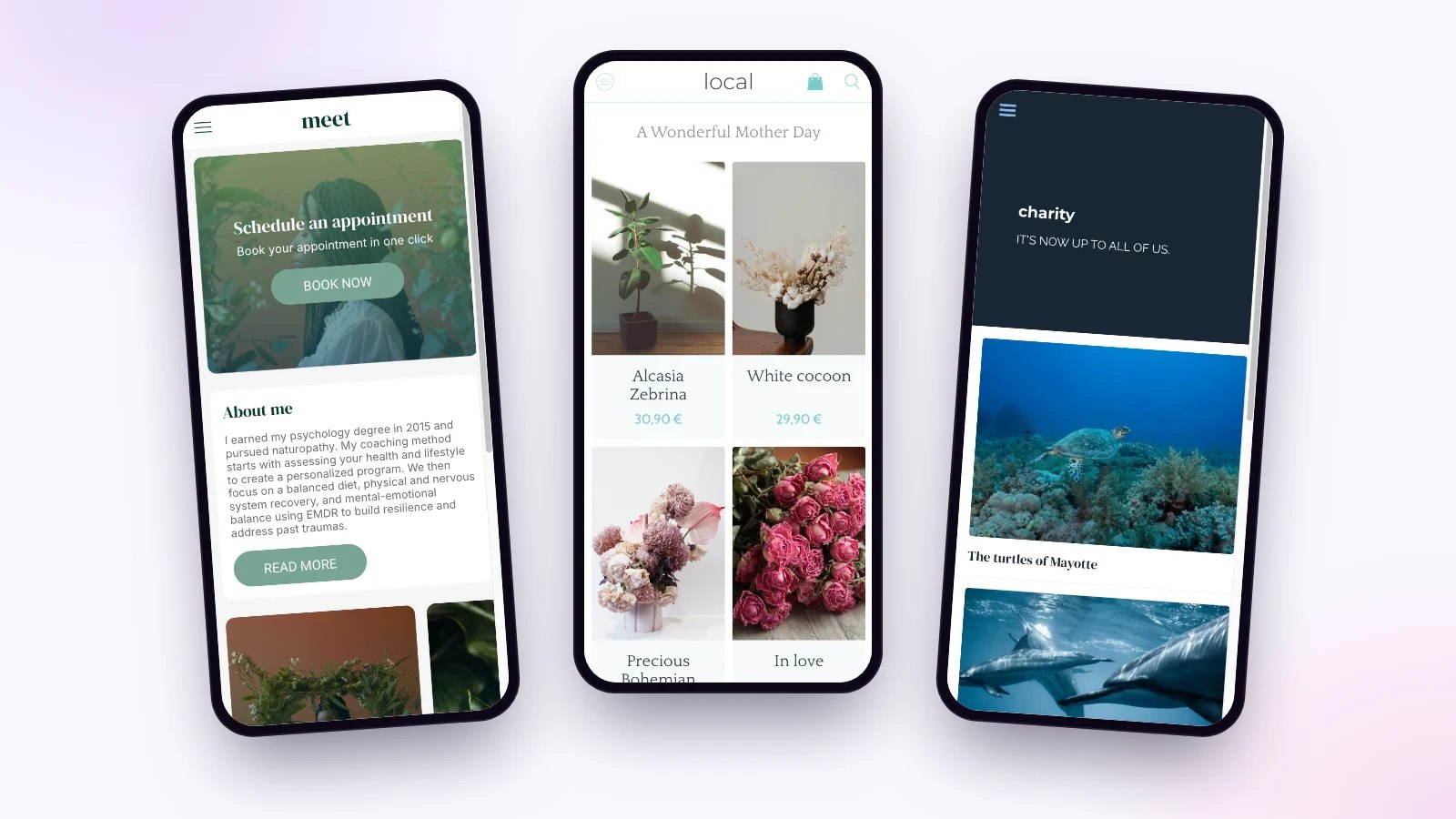 Three Maymoune demo apps on phones: appointment booking, a florist’s shop and a charity
