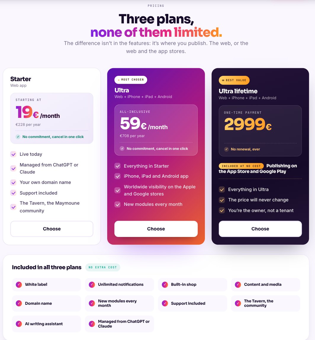 The three Maymoune plans: Starter at €19 a month, Ultra at €59 a month and Ultra lifetime at €2,999