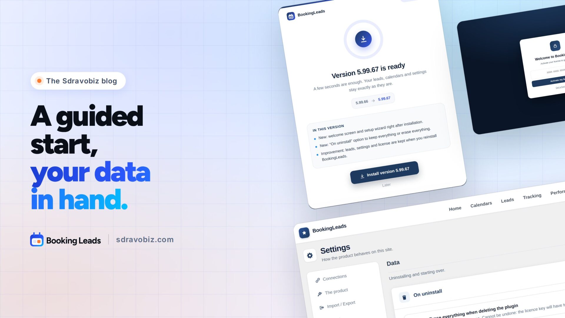 Booking Leads 5.99.67: a guided start, your data in hand. Update screen, welcome screen and Data settings of the plugin