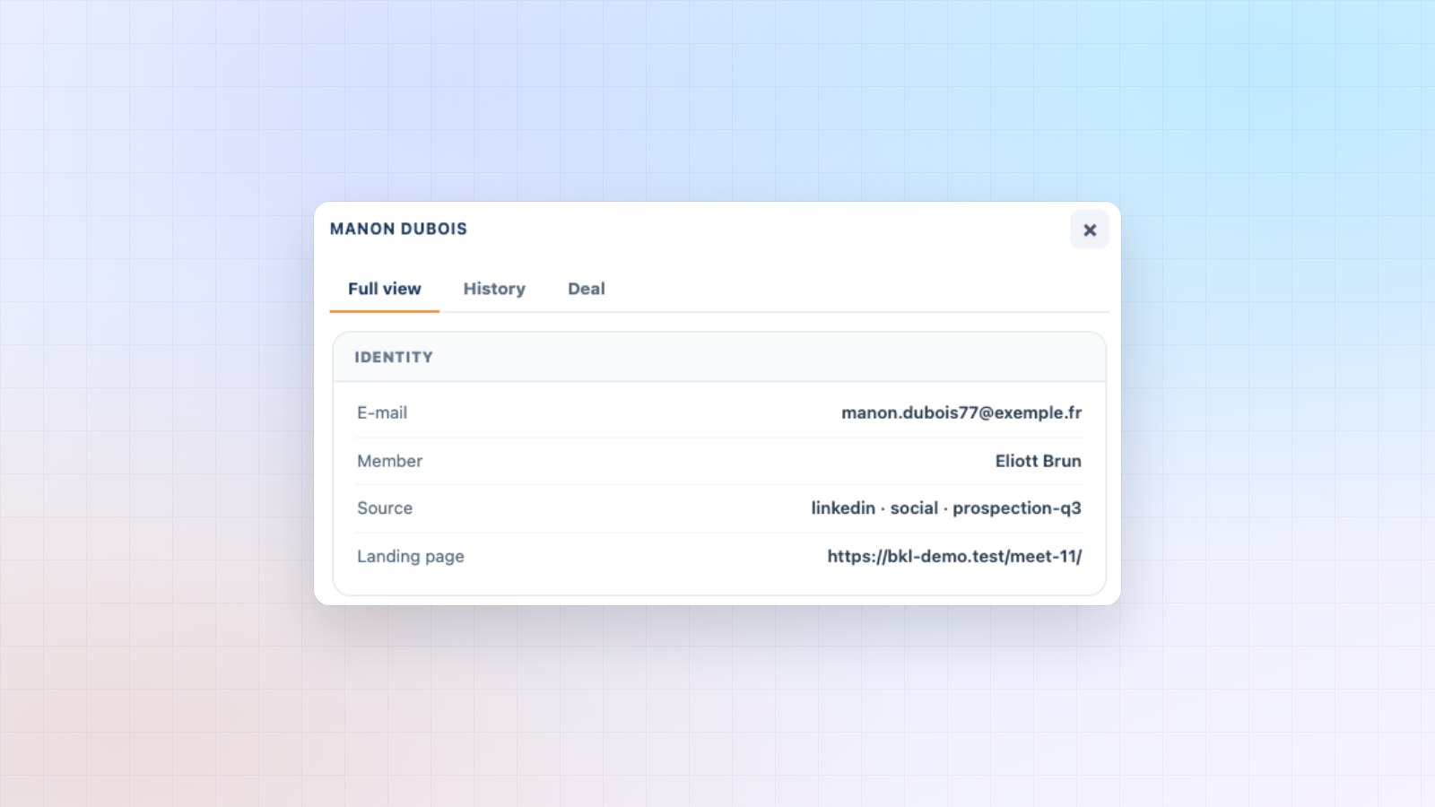 A lead’s record in Booking Leads, Identity block: email, member Eliott Brun, source and landing page