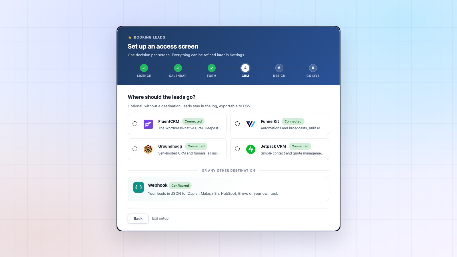 Booking Leads setup wizard, CRM step: FluentCRM, FunnelKit, Groundhogg and Jetpack CRM marked “Connected”, and the webhook configured