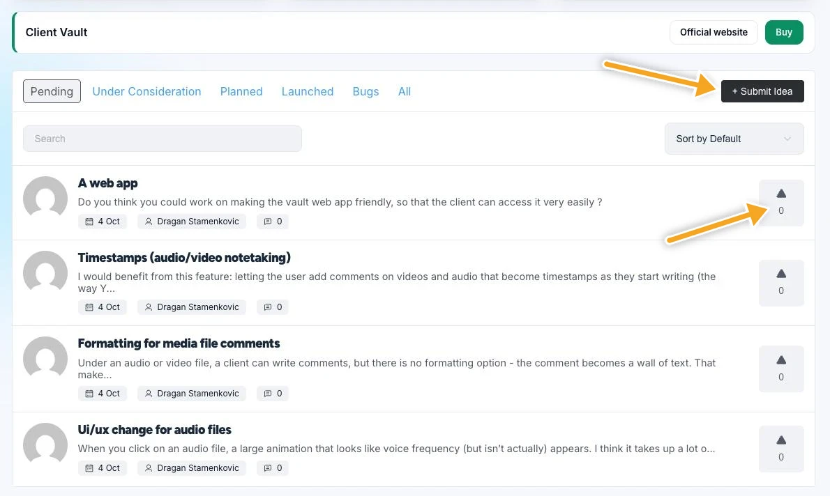 Client Vault roadmap: status tabs, Submit Idea button and the first four ideas with their vote button