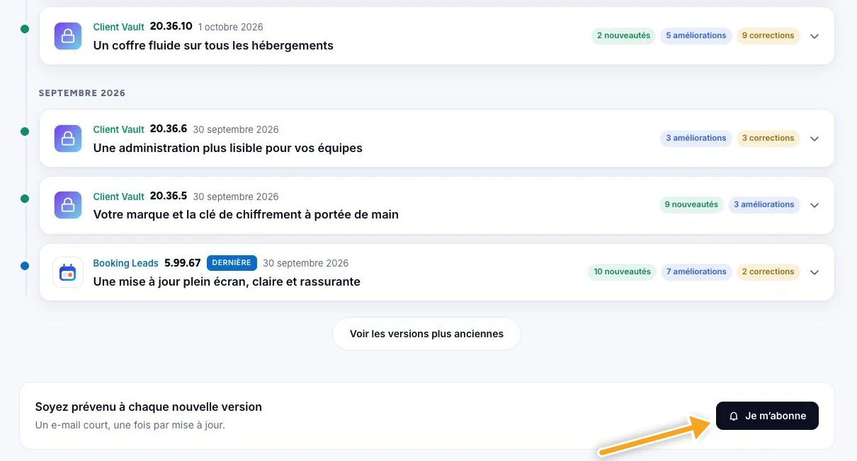 Versions repliées du changelog de Sdravobiz, rangées par mois, avec le bouton Voir les versions plus anciennes et le bloc d’abonnement Je m’abonne