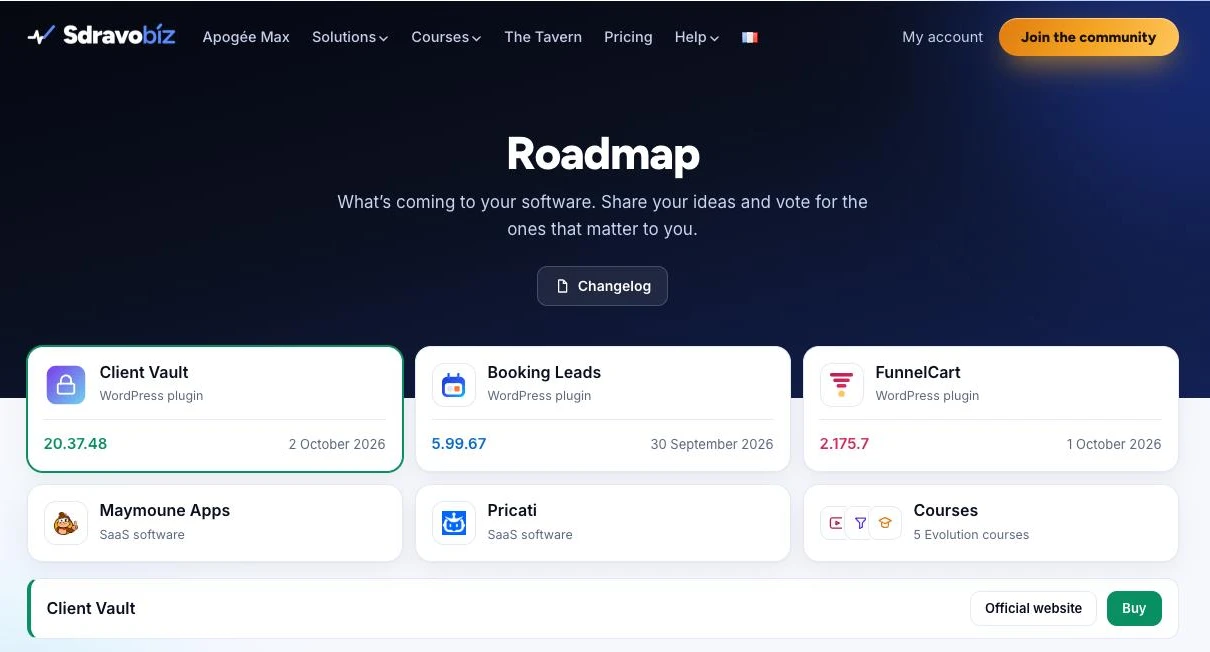Sdravobiz Roadmap page: program cards with their type, WordPress plugin or SaaS software, and their latest version, Client Vault selected with its Official website and Buy buttons