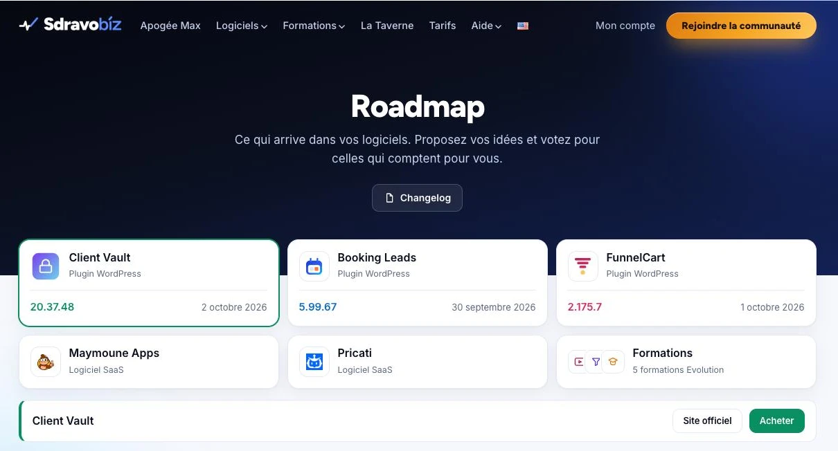 Page Roadmap de Sdravobiz : cartes des programmes avec leur nature, plugin WordPress ou logiciel SaaS, et leur dernière version, Client Vault sélectionné avec ses boutons Site officiel et Acheter
