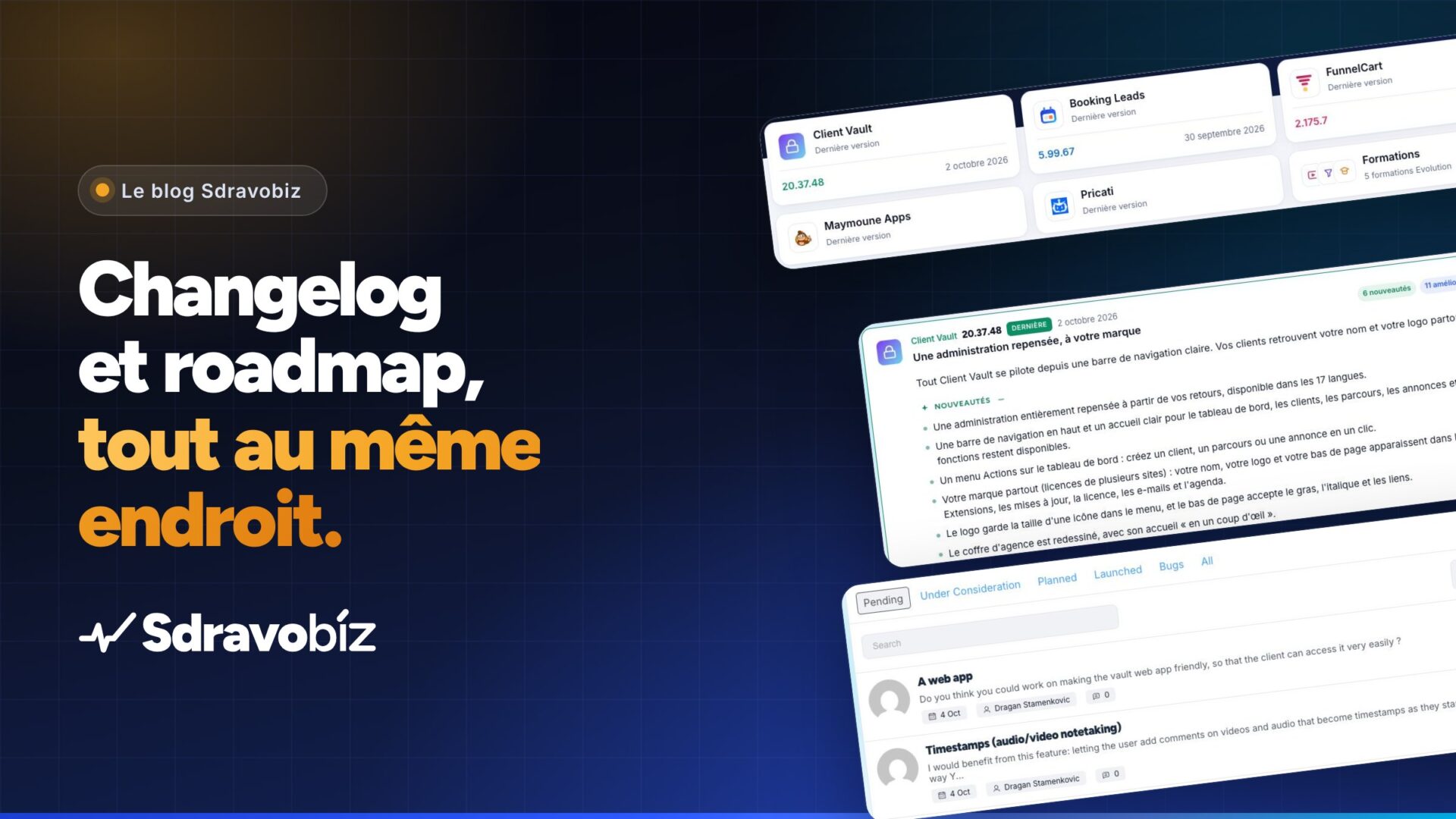 Changelog et roadmap de Sdravobiz, tout au même endroit : cartes des logiciels, une version ouverte et les idées de la roadmap