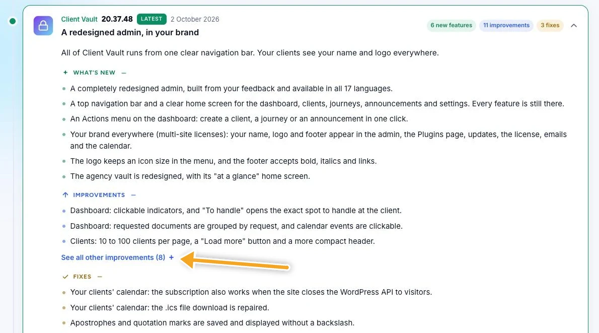 Client Vault 20.37.48 open in the changelog: summary, six new features, three improvements with the link to the eight others, and three fixes