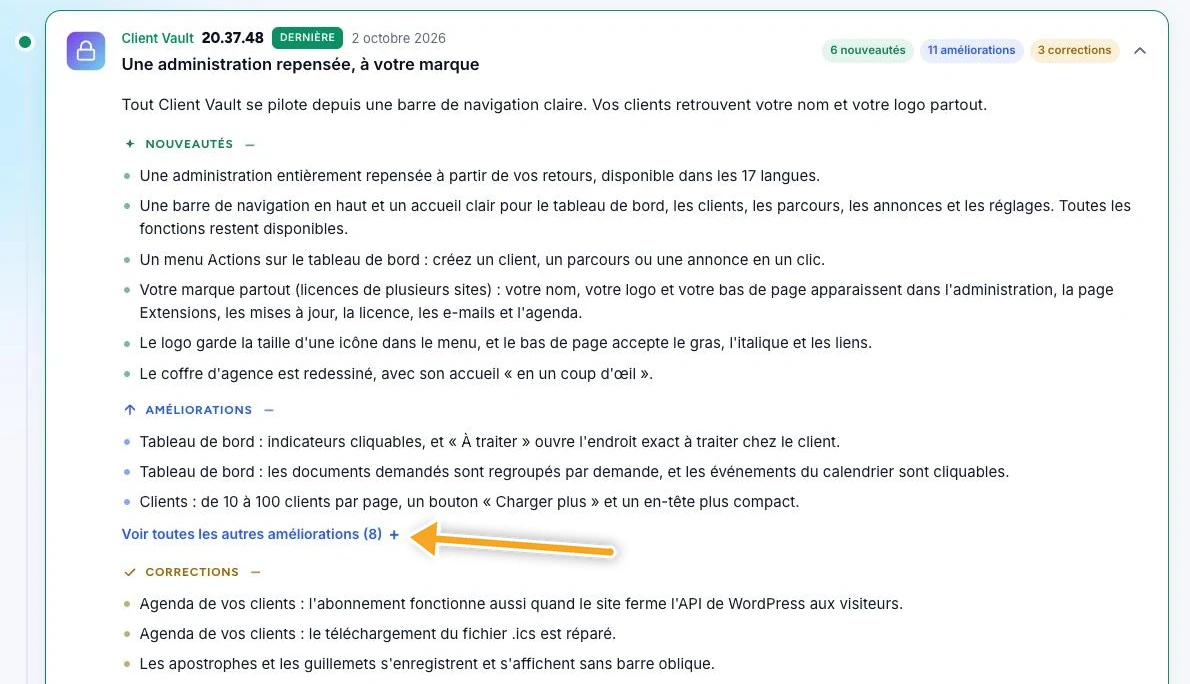 Version Client Vault 20.37.48 ouverte dans le changelog : résumé, six nouveautés, trois améliorations avec le lien vers les huit autres, et trois corrections