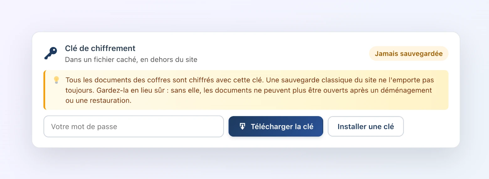 Carte « Clé de chiffrement » de Client Vault : emplacement de la clé, champ mot de passe, boutons « Télécharger la clé » et « Installer une clé »