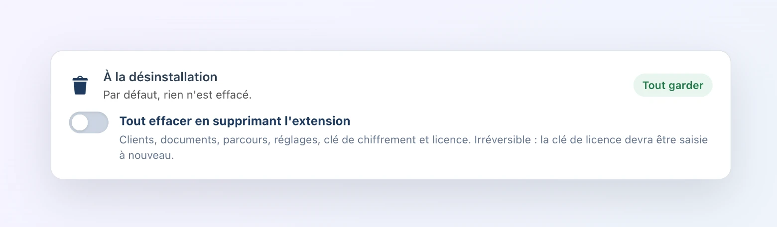 Réglage « À la désinstallation » de Client Vault : interrupteur « Tout effacer en supprimant l’extension », éteint, badge « Tout garder »
