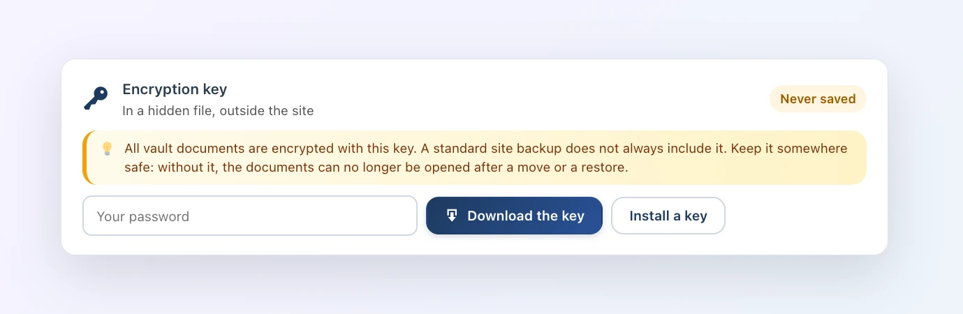Client Vault “Encryption key” card: key location, password field, “Download the key” and “Install a key” buttons