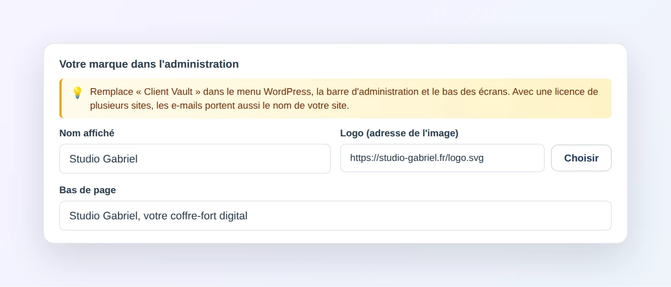 Réglages de Client Vault, onglet Apparence : carte « Votre marque dans l’administration » avec le nom Studio Gabriel, l’adresse du logo et le bas de page