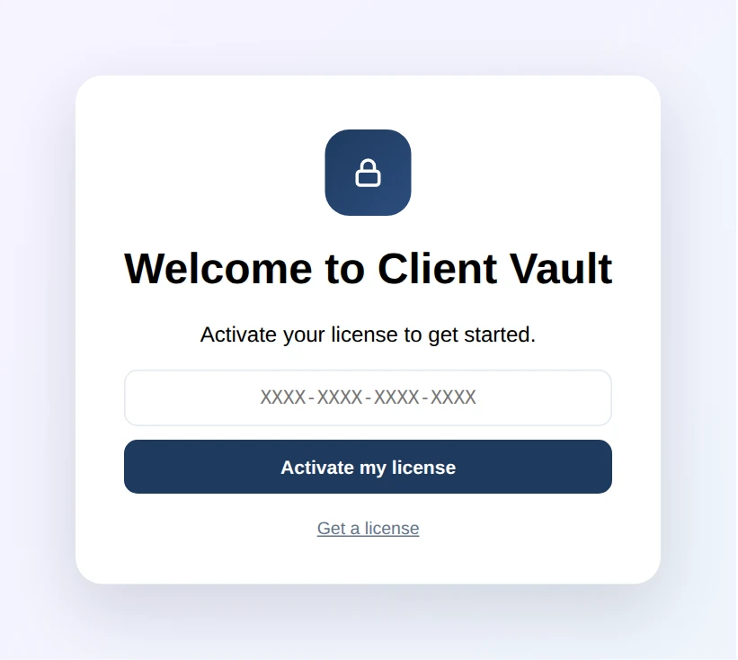 “Welcome to Client Vault” screen with the license key field and the “Activate my license” button