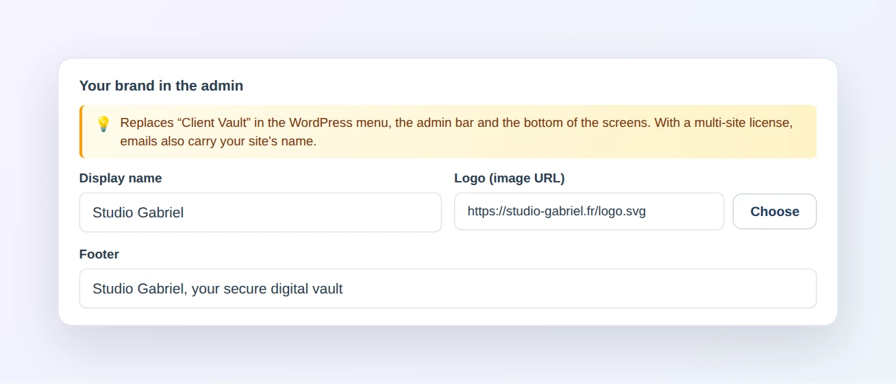 Client Vault settings, Appearance tab: “Your brand in the admin” card with the name Studio Gabriel, the logo address and the footer