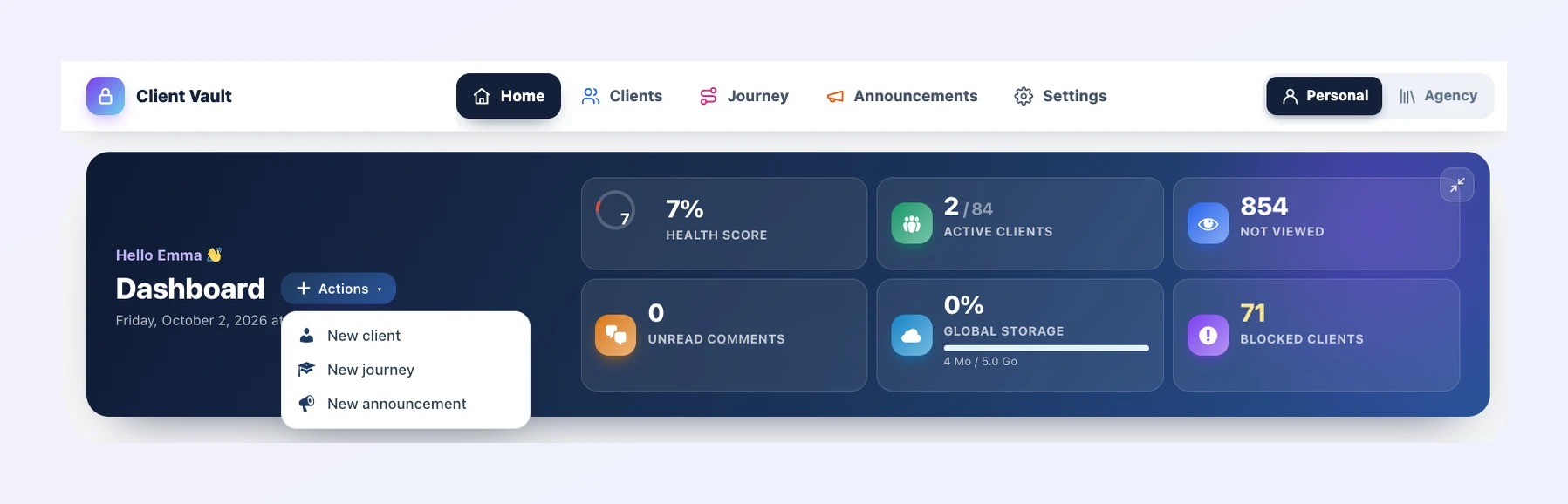 Client Vault 20.37 dashboard header: Hello Emma greeting, Actions menu open on New client, New journey and New announcement, and six clickable indicators