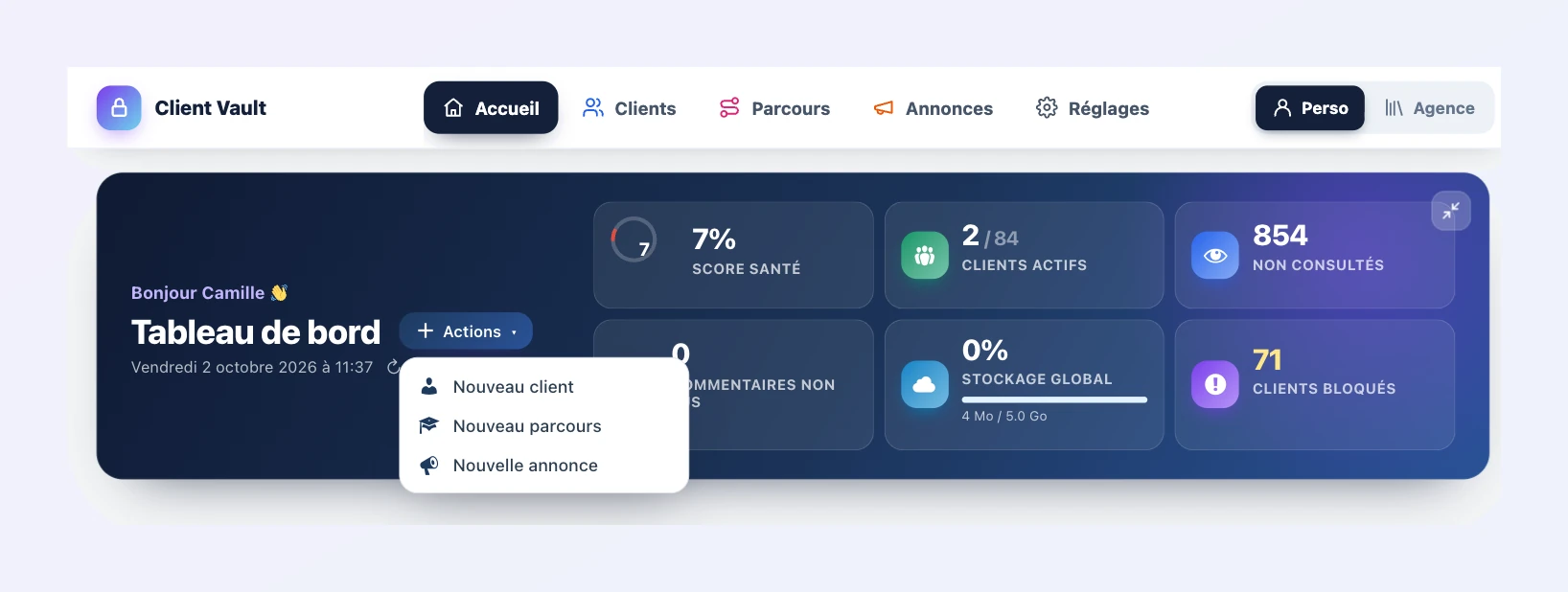 En-tête du tableau de bord de Client Vault 20.37 : « Bonjour Camille », menu Actions ouvert sur Nouveau client, Nouveau parcours et Nouvelle annonce, et six indicateurs cliquables