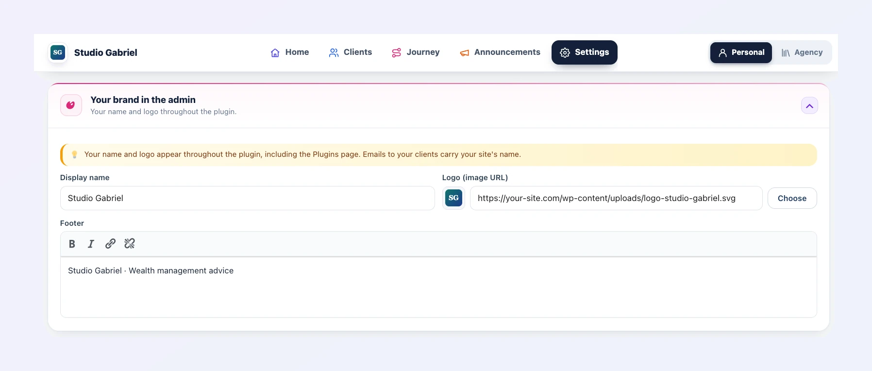 Client Vault settings, “Your brand in the admin” card: display name Studio Gabriel, logo and footer, with the navigation bar under that name